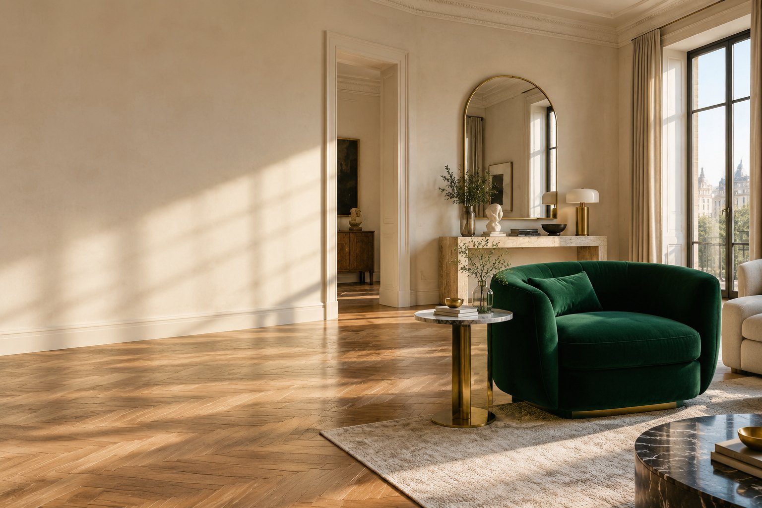 Italian minimalist interior with marble and brass