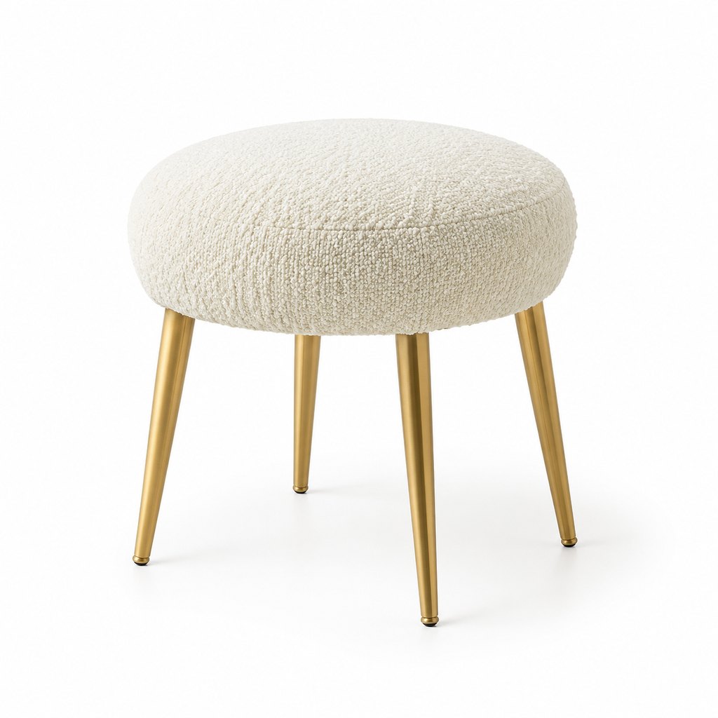 Roma cream bouclé accent stool with brass tapered legs — view 2