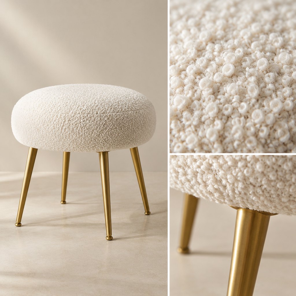 Roma cream bouclé accent stool with brass tapered legs — view 3