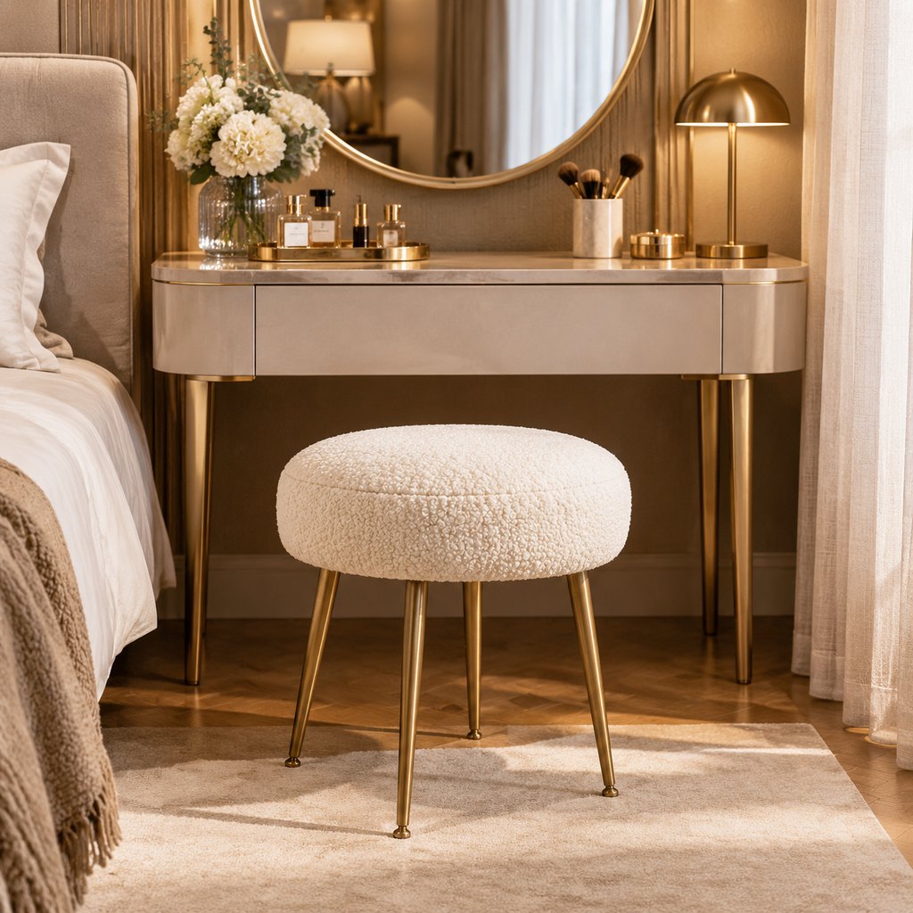 Roma cream bouclé accent stool with brass tapered legs — view 4
