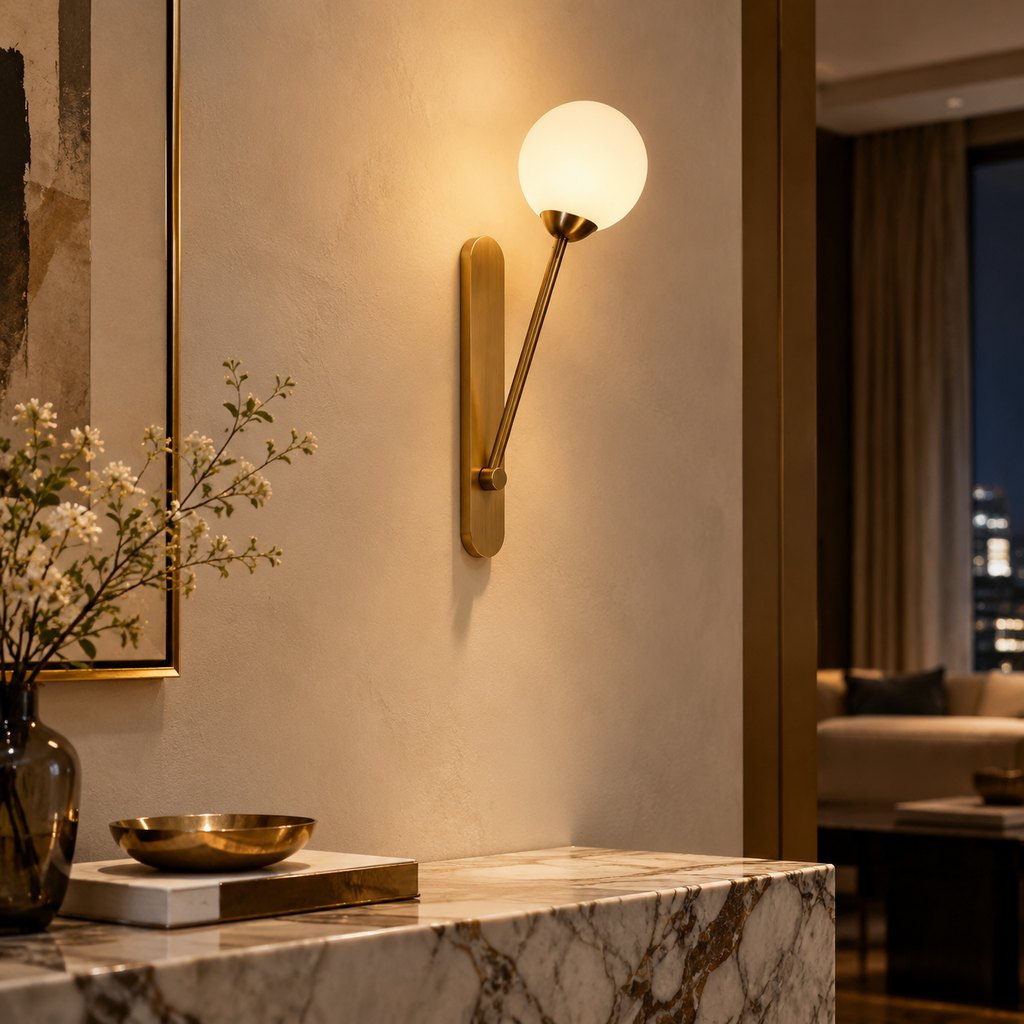 Lucca brushed brass wall sconce with frosted glass globe — view 4