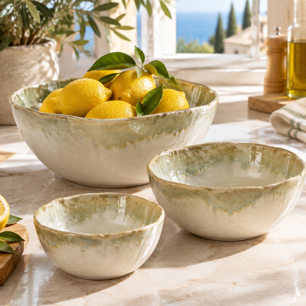 Amalfi decorative ceramic bowls with reactive glaze, set of three — view 4