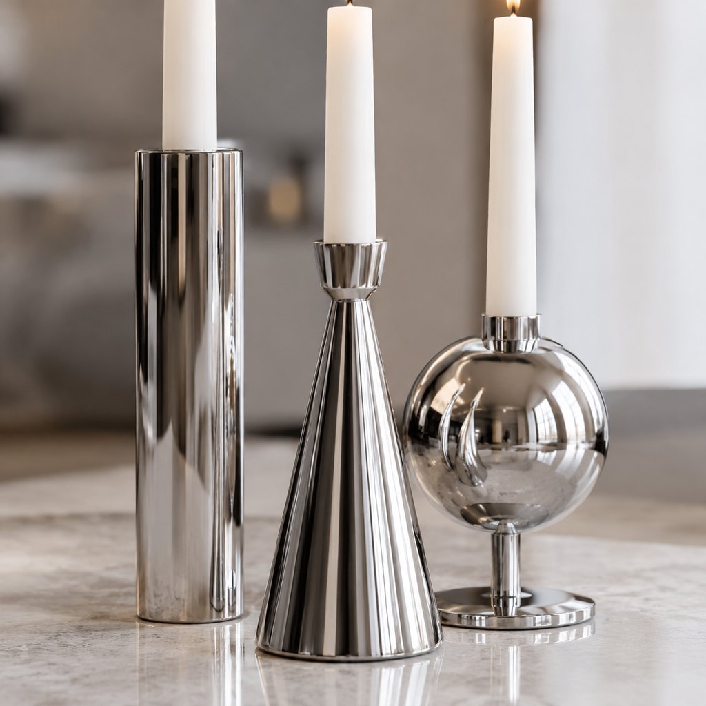 Milano polished chrome sculptural candle holders set of three — view 3