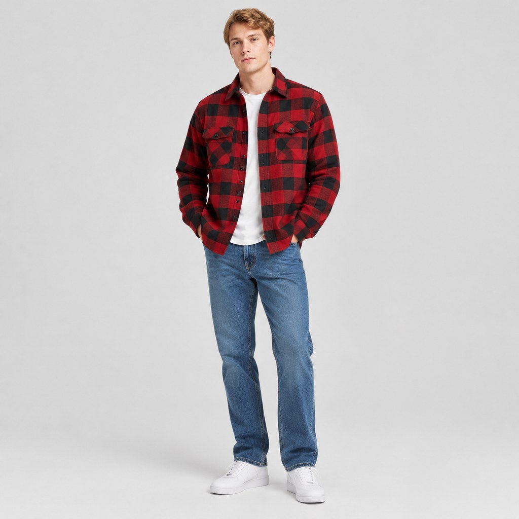 Brushed Flannel Overshirt in Red Check — wholesale menswear product photo — view 4