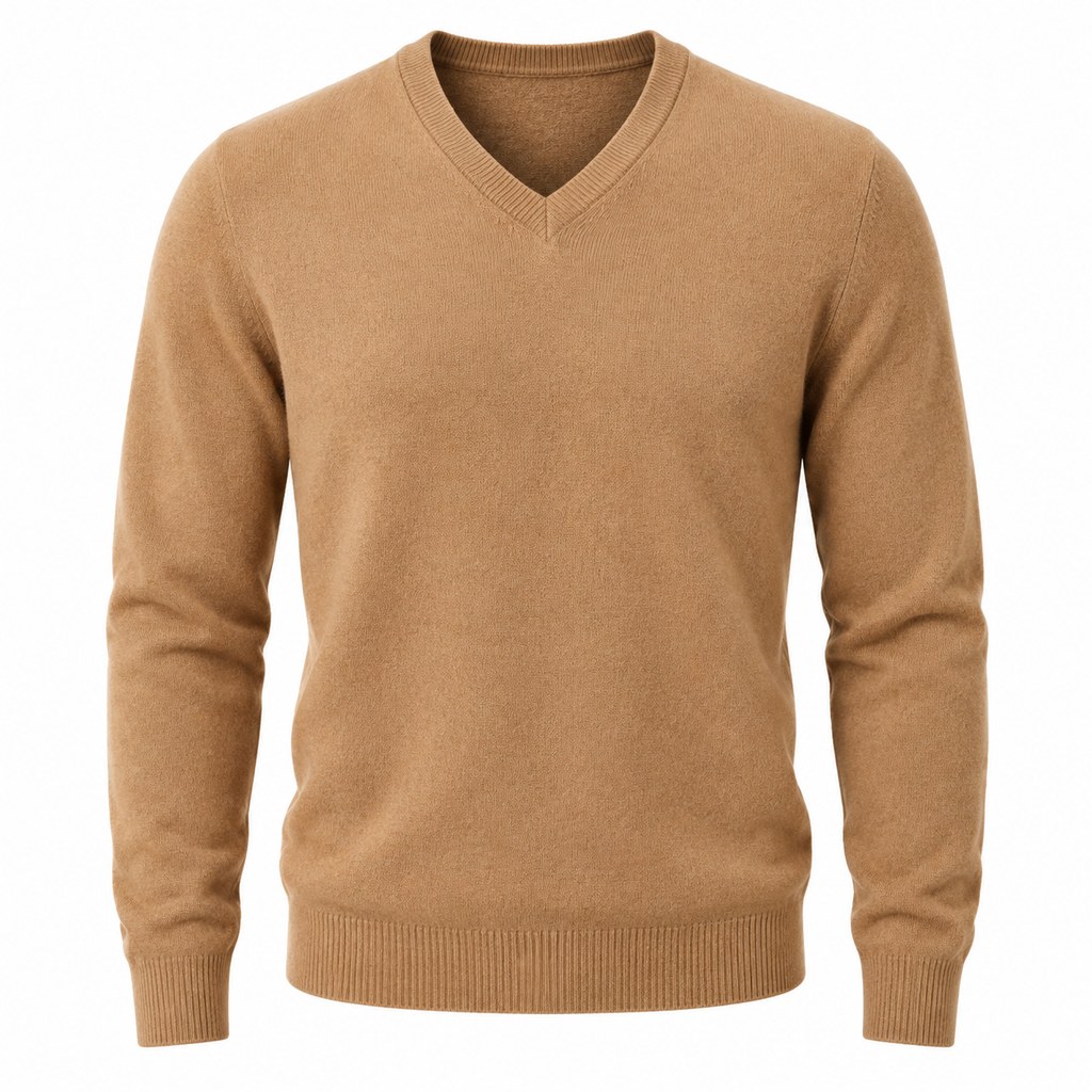 Lambswool V-Neck Sweater in Camel — wholesale menswear product photo