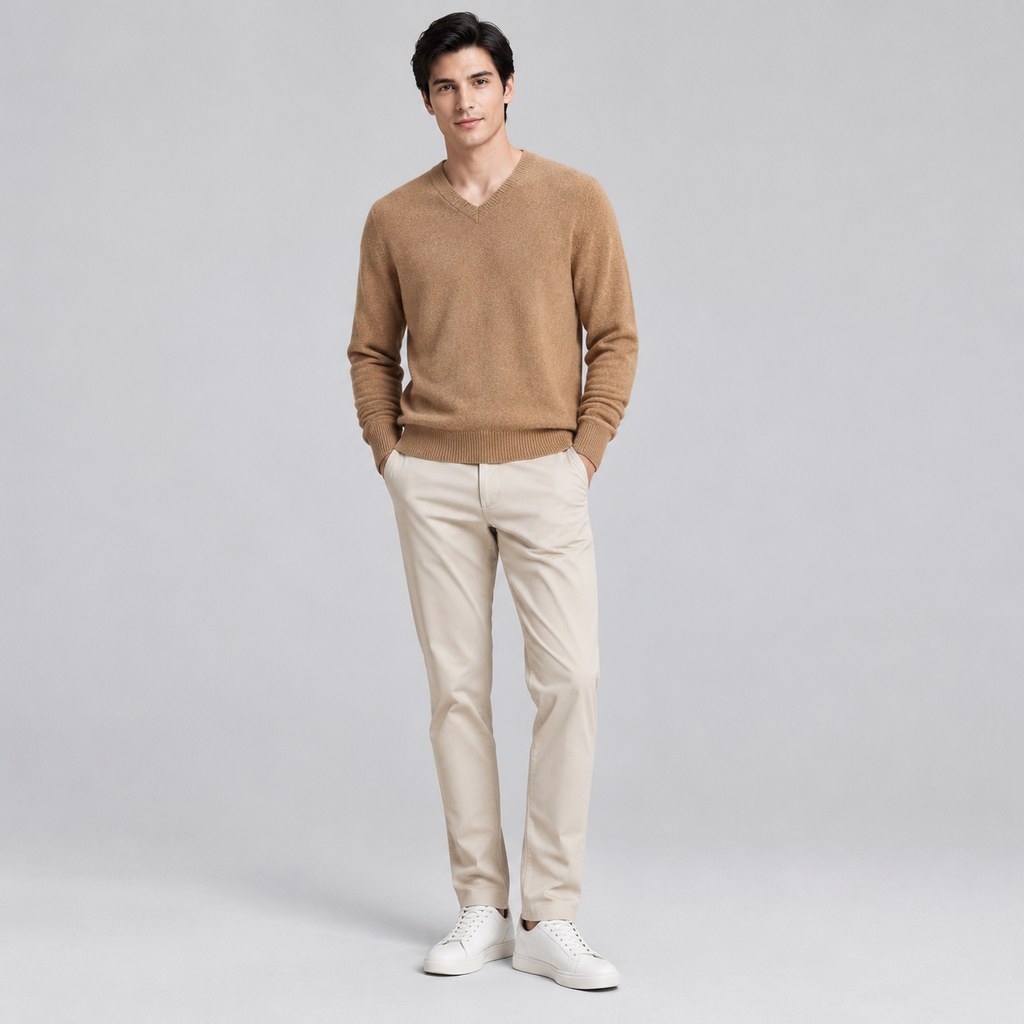 Lambswool V-Neck Sweater in Camel — wholesale menswear product photo — view 4