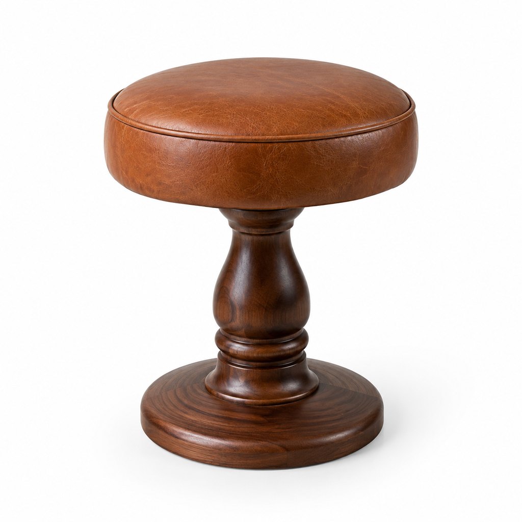 Torino cognac leather round stool with walnut pedestal base — view 2