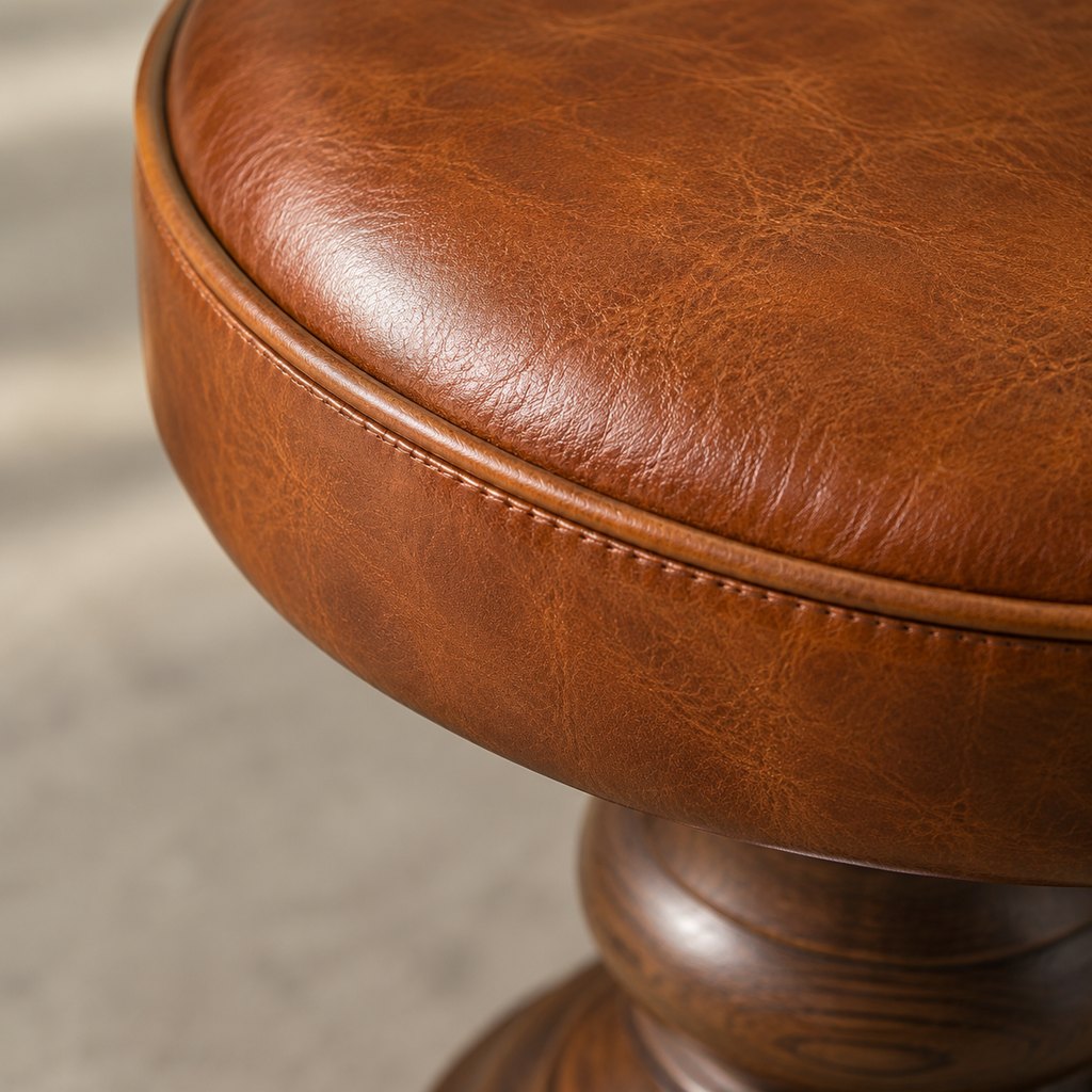 Torino cognac leather round stool with walnut pedestal base — view 3