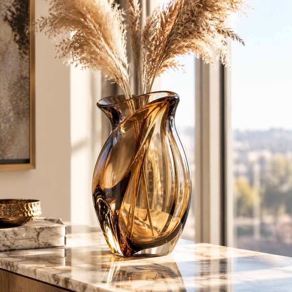 Venezia amber smoked glass art vase with folded rim — view 4
