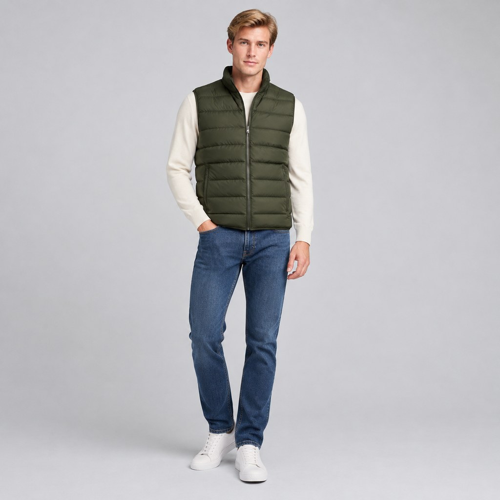 Quilted Puffer Vest in Olive — wholesale menswear product photo — view 4