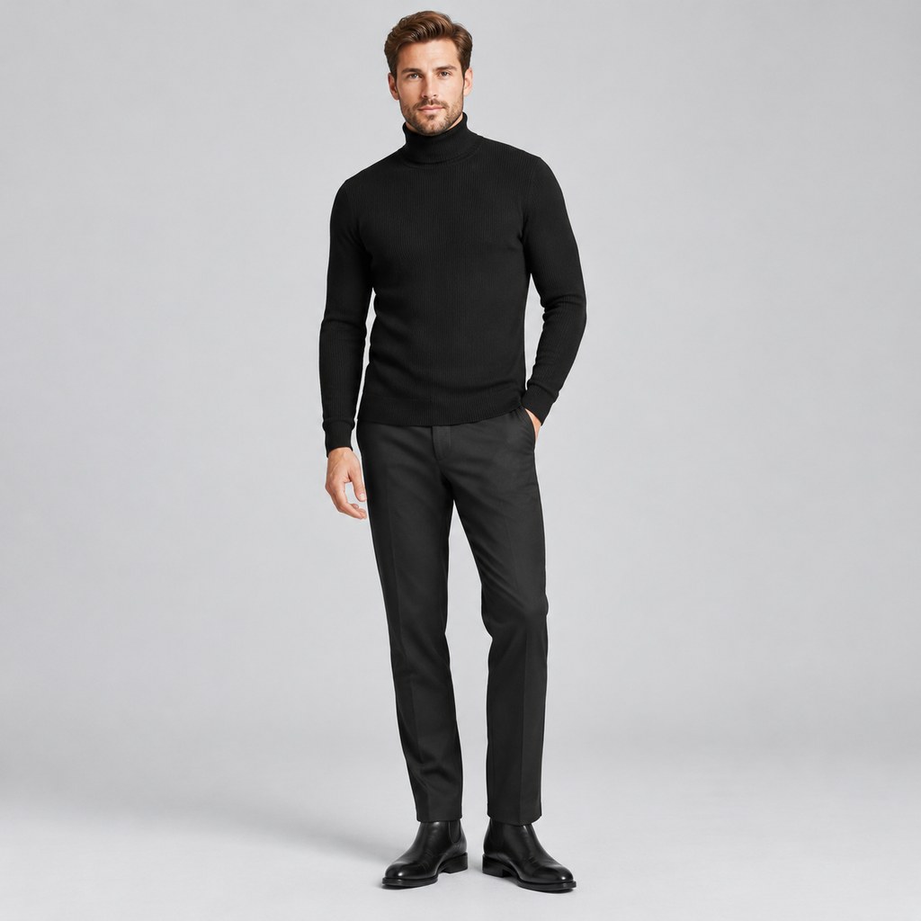 Ribbed Turtleneck in Black — wholesale menswear product photo — view 4