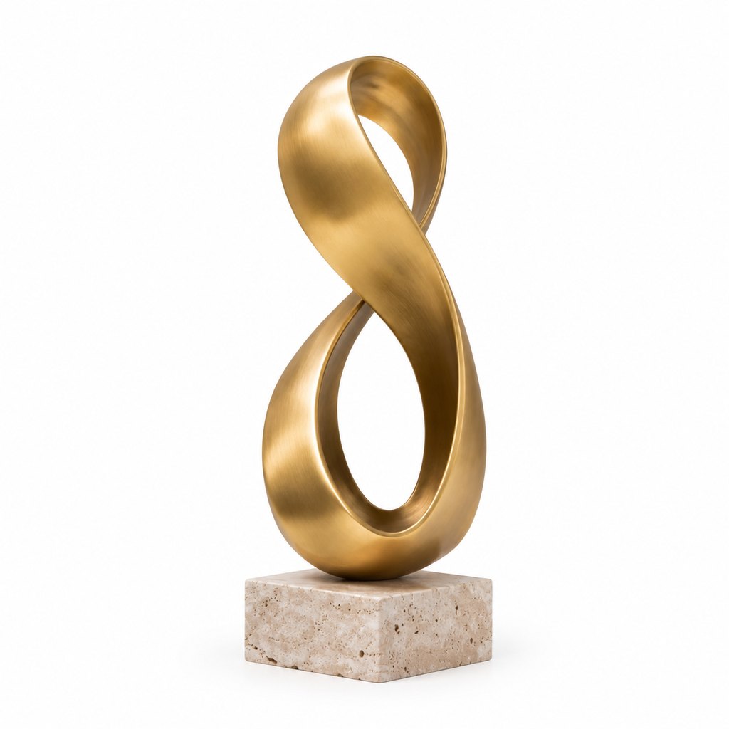 Argento brushed brass abstract sculpture on travertine base — view 2