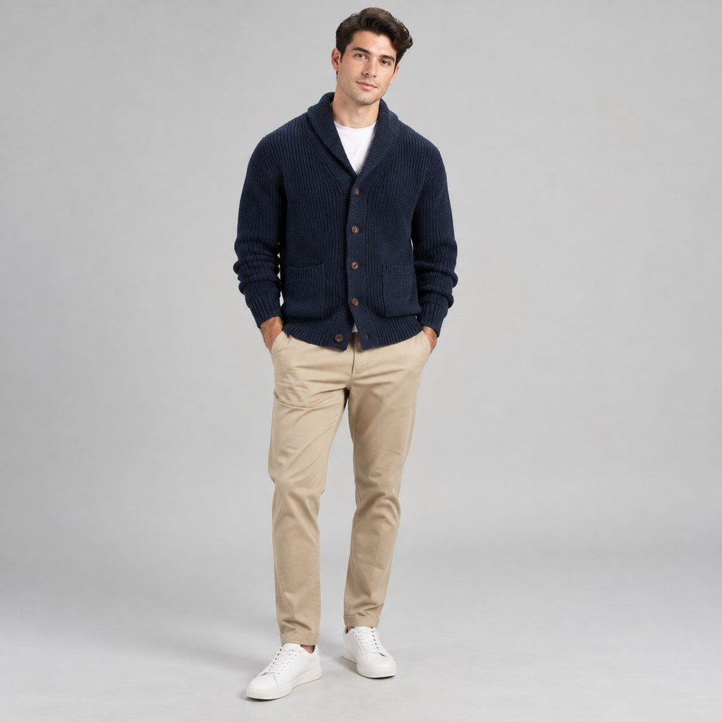 Shawl-Collar Cardigan in Navy — wholesale menswear product photo — view 4