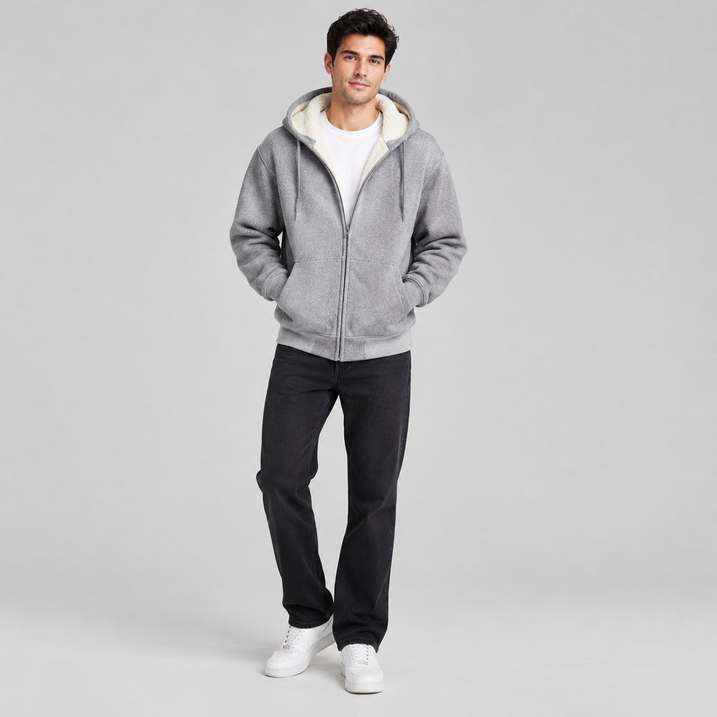 Sherpa-Lined Zip Hoodie in Heather Grey — wholesale menswear product photo — view 4