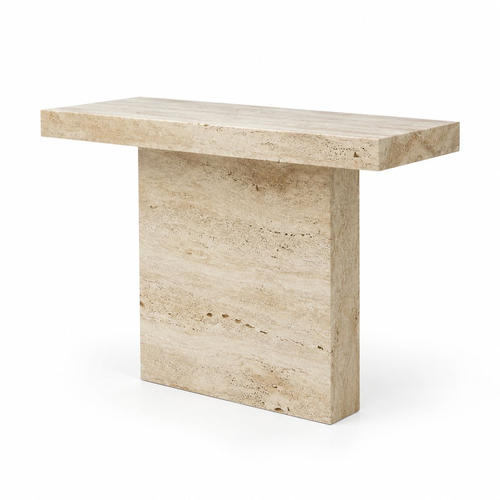 Tivoli narrow travertine console table with slab pedestal base — view 2