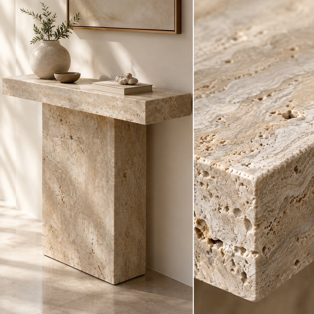 Tivoli narrow travertine console table with slab pedestal base — view 3