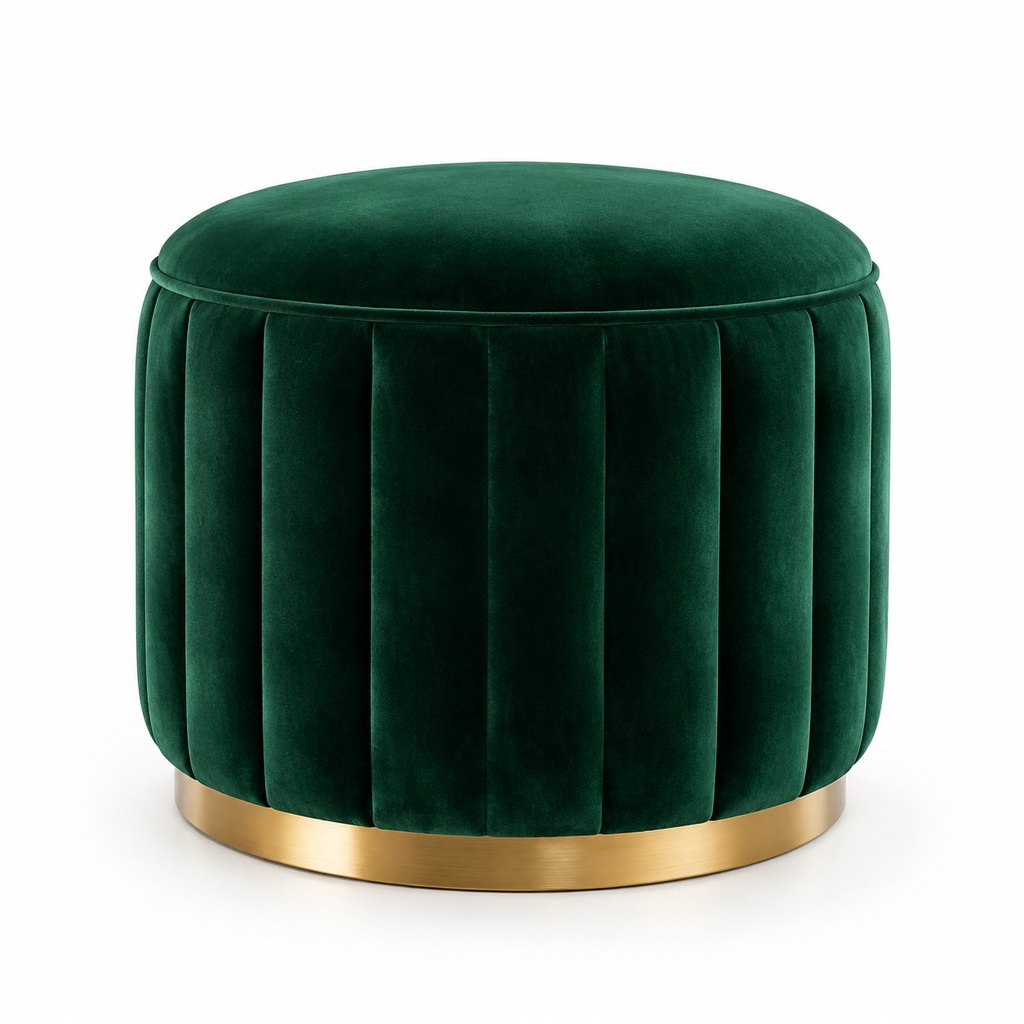 Firenze emerald green velvet round ottoman with gold base