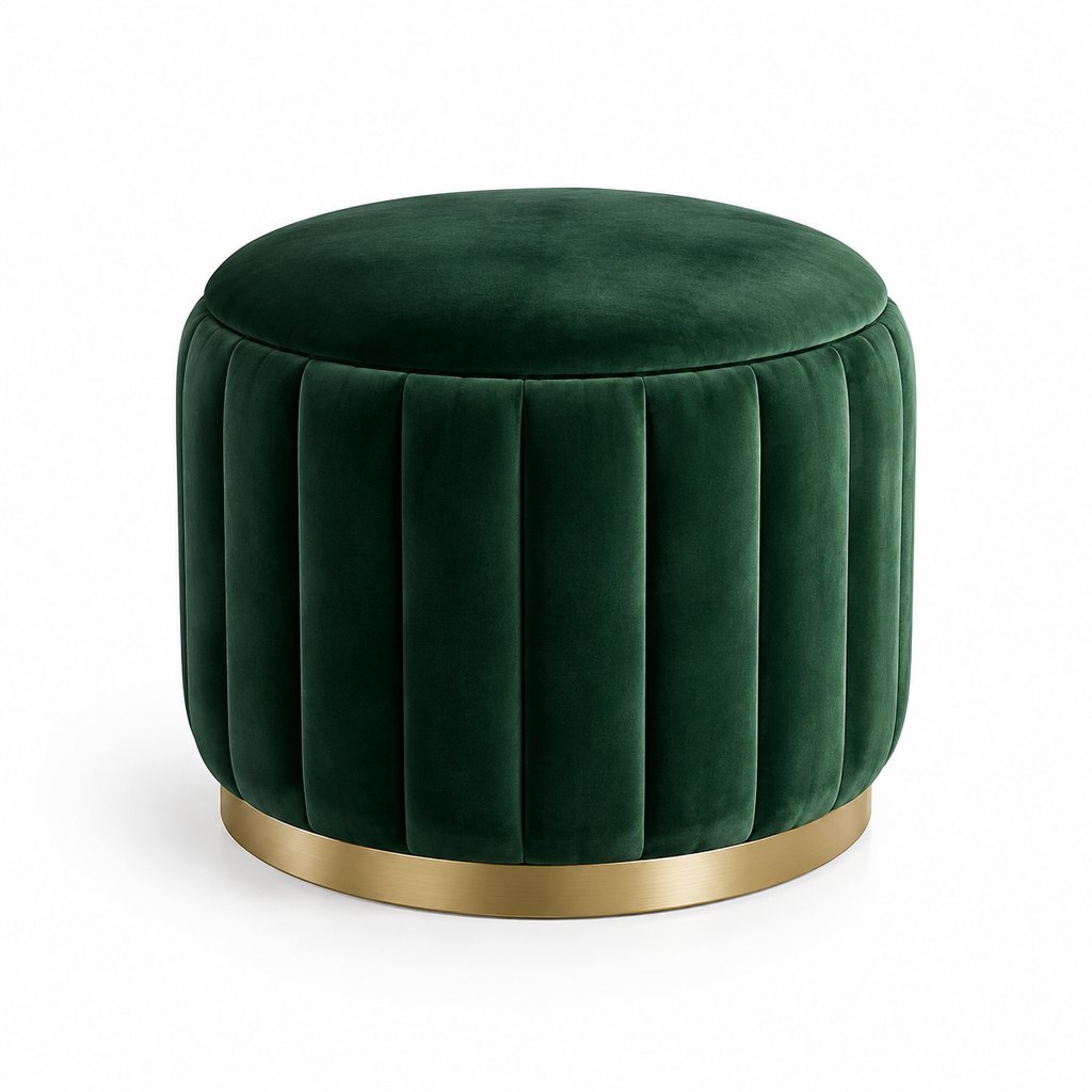 Firenze emerald green velvet round ottoman with gold base — view 2