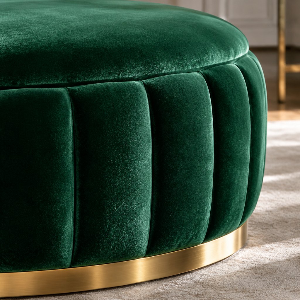 Firenze emerald green velvet round ottoman with gold base — view 3