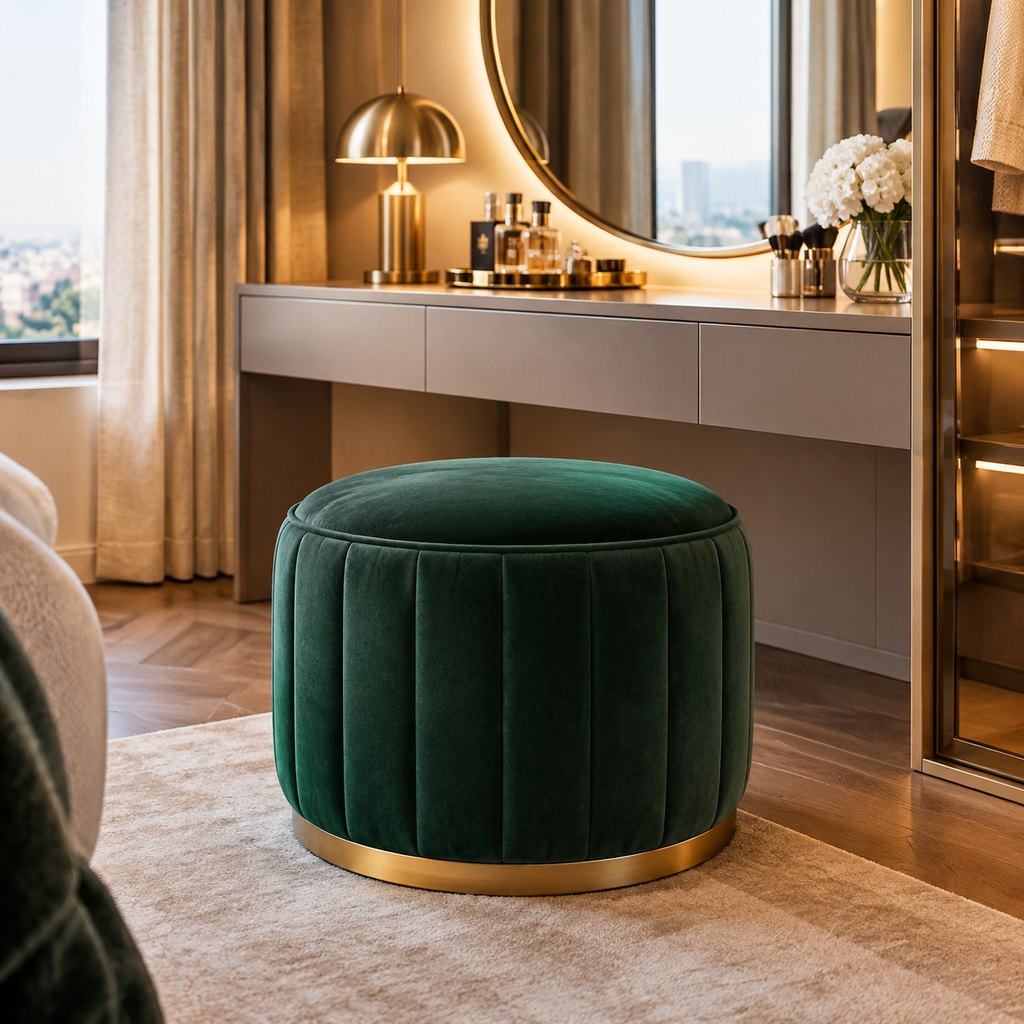 Firenze emerald green velvet round ottoman with gold base — view 4