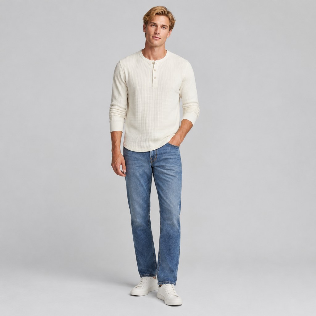 Waffle Thermal Long Sleeve in Ecru — wholesale menswear product photo — view 4